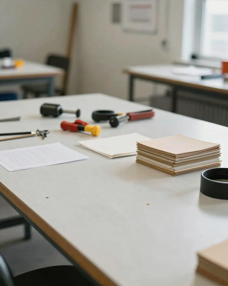 Editorial documentary photograph of a tidy operations workspace with neatly arranged materials and tools, soft natural d