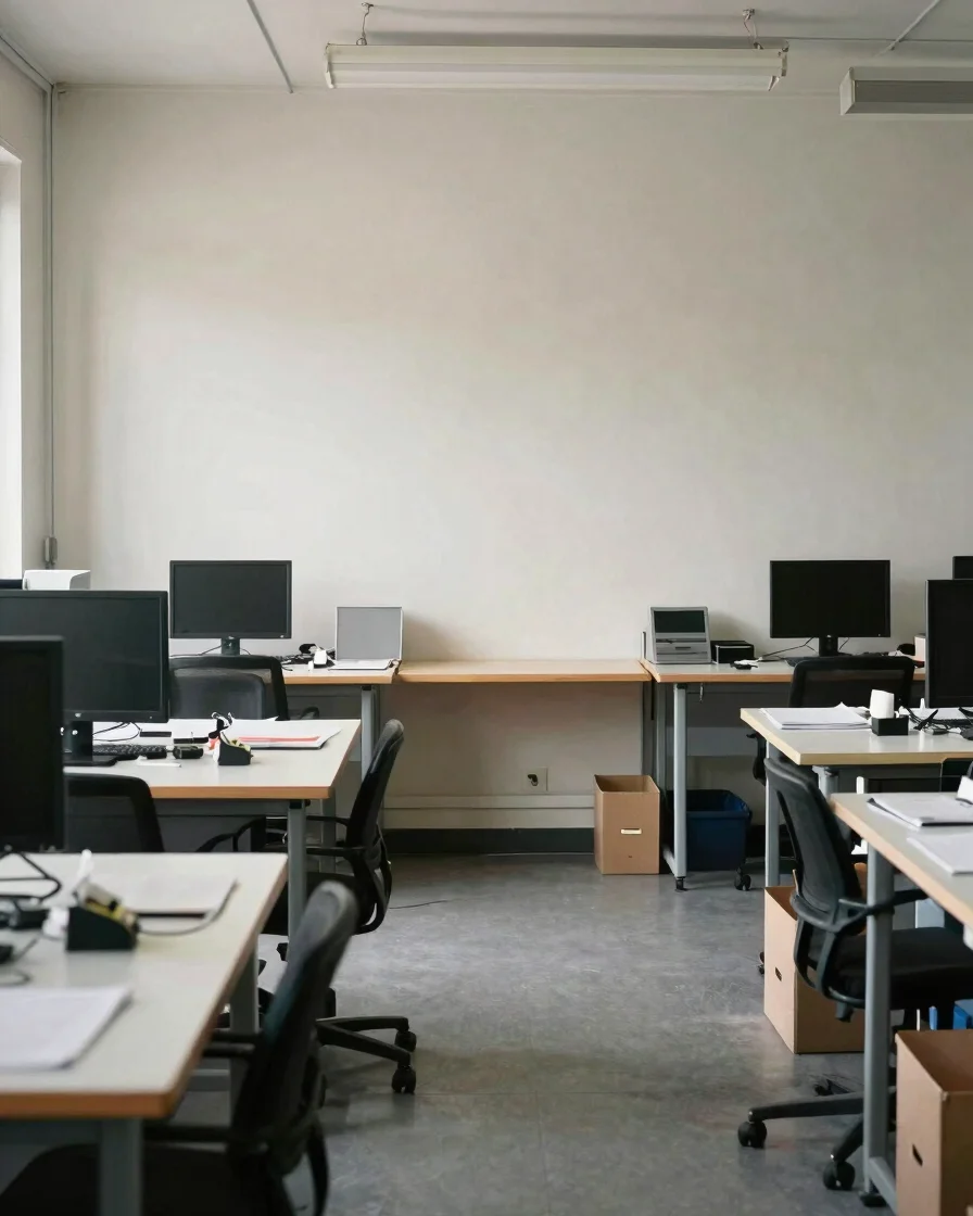 Editorial business photograph of a clean, uncluttered workplace in soft natural daylight, restrained neutral tones, stra